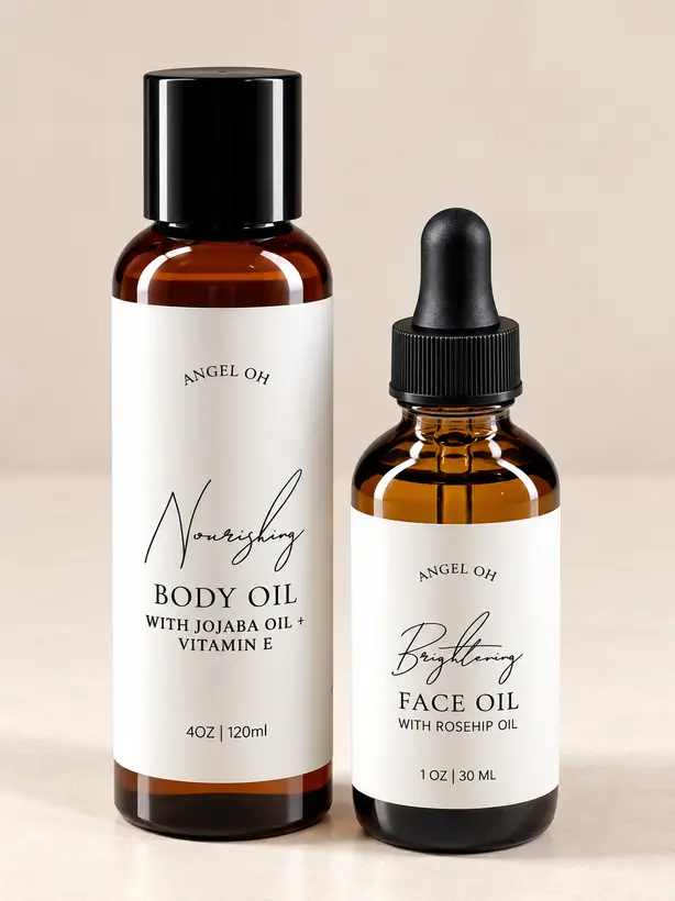 Angel Oh nourishing body oil and brightening face oil in amber bottles