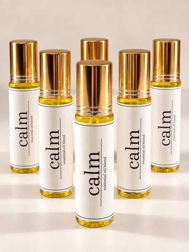 Angel Oh calm essential oil blend roll-ons with gold caps