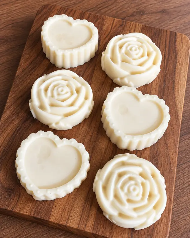 Handmade heart and rose shaped hand lotion bars on a wooden board
