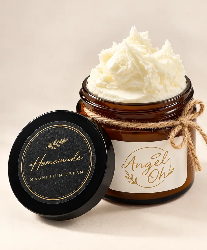 Whipped magnesium cream in an amber jar with the Angel Oh gold logo