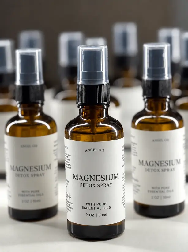 Angel Oh magnesium spray with pure essential oils in 2oz amber glass bottles