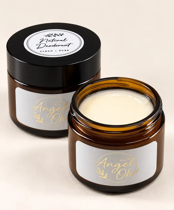 Angel Oh natural deodorant cream in amber jars