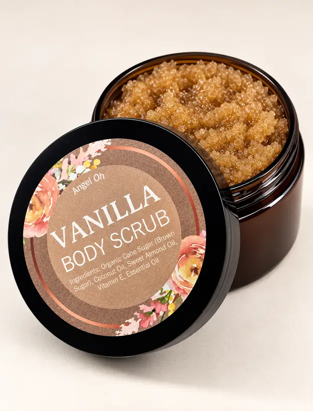 Angel Oh vanilla body scrub with brown sugar in an amber jar